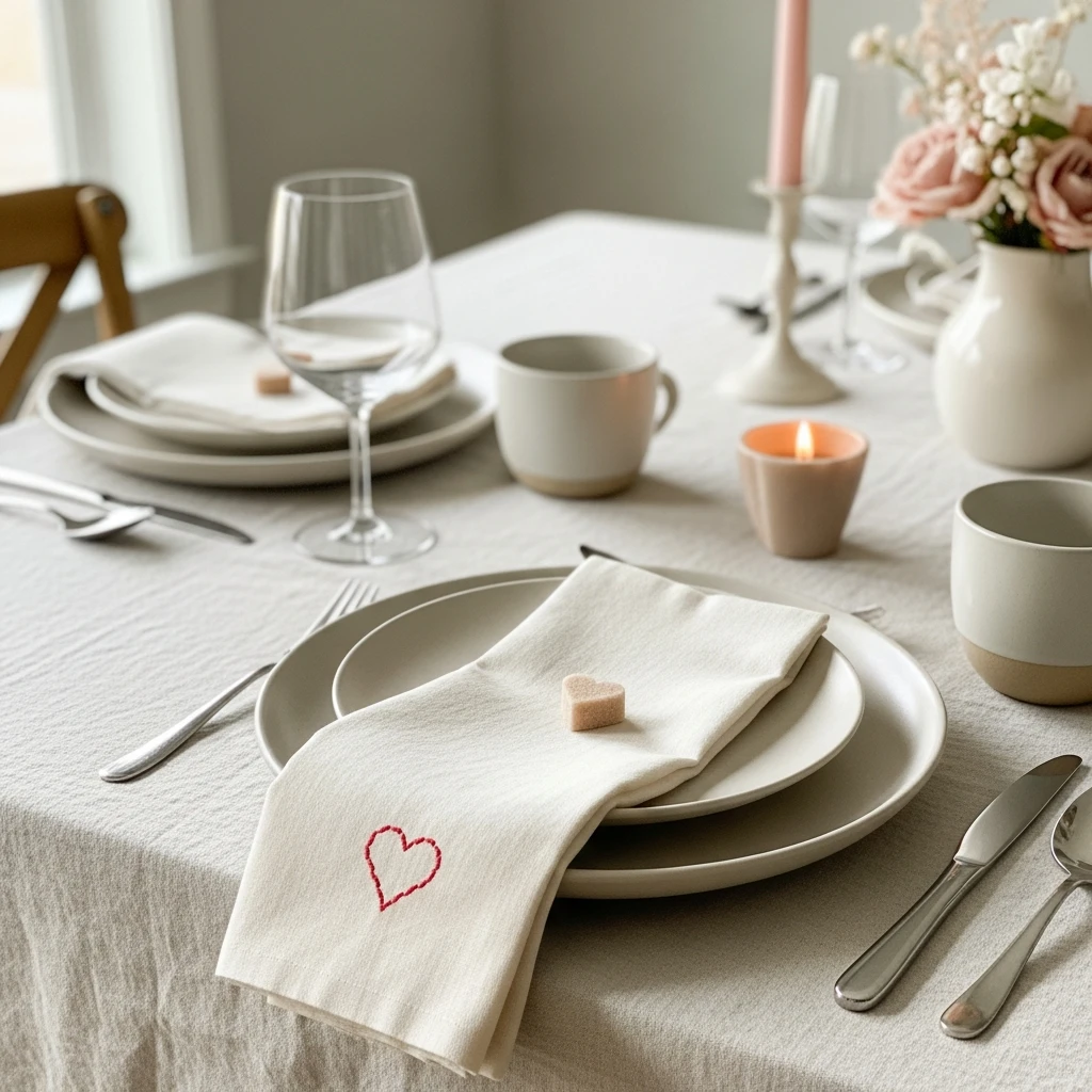Neutral with Heart Details - 50 Beautiful & Budget-Friendly Valentine's Day Table Setting Ideas