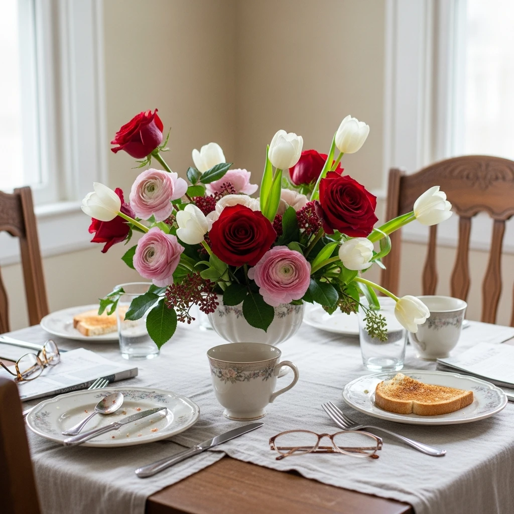 Romantic Floral Focal Point - 50 Beautiful & Budget-Friendly Valentine's Day Table Setting Ideas