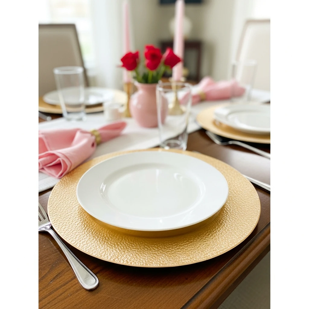 Gold Charger Plates - 50 Beautiful & Budget-Friendly Valentine's Day Table Setting Ideas