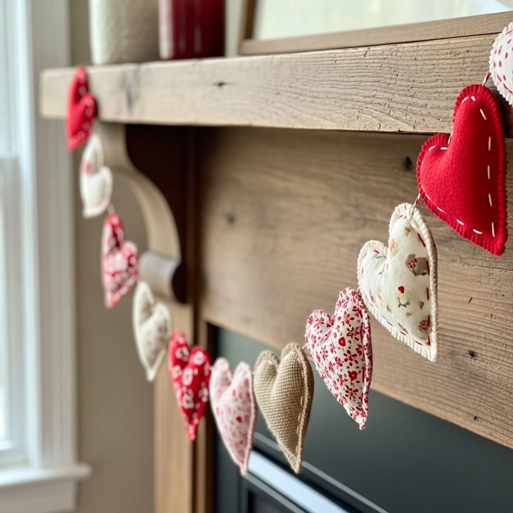 Handmade Fabric Garland - 50 Beautiful and Budget-Friendly Valentine's Mantel Decor Ideas