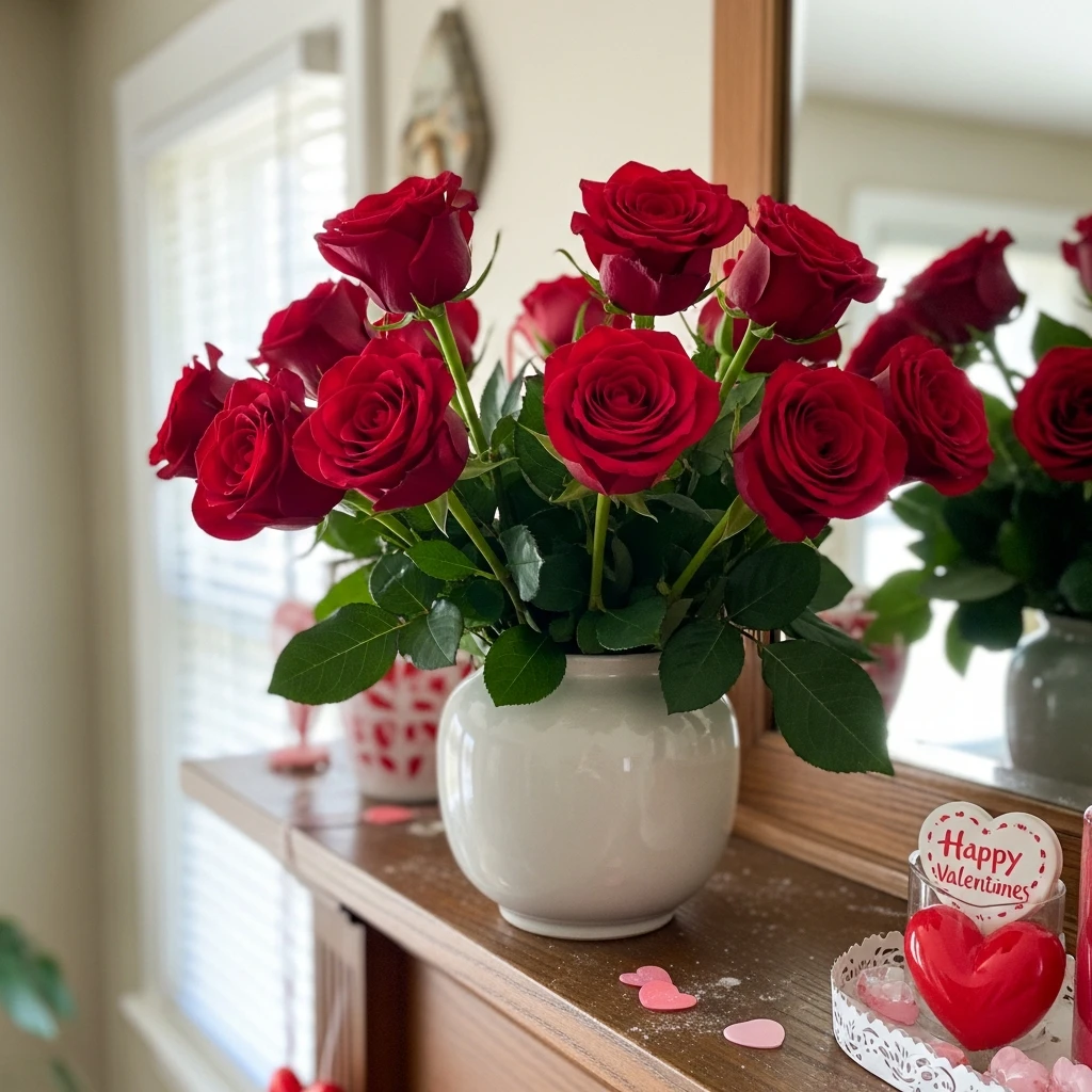 Classic Red Roses - 50 Beautiful and Budget-Friendly Valentine's Mantel Decor Ideas