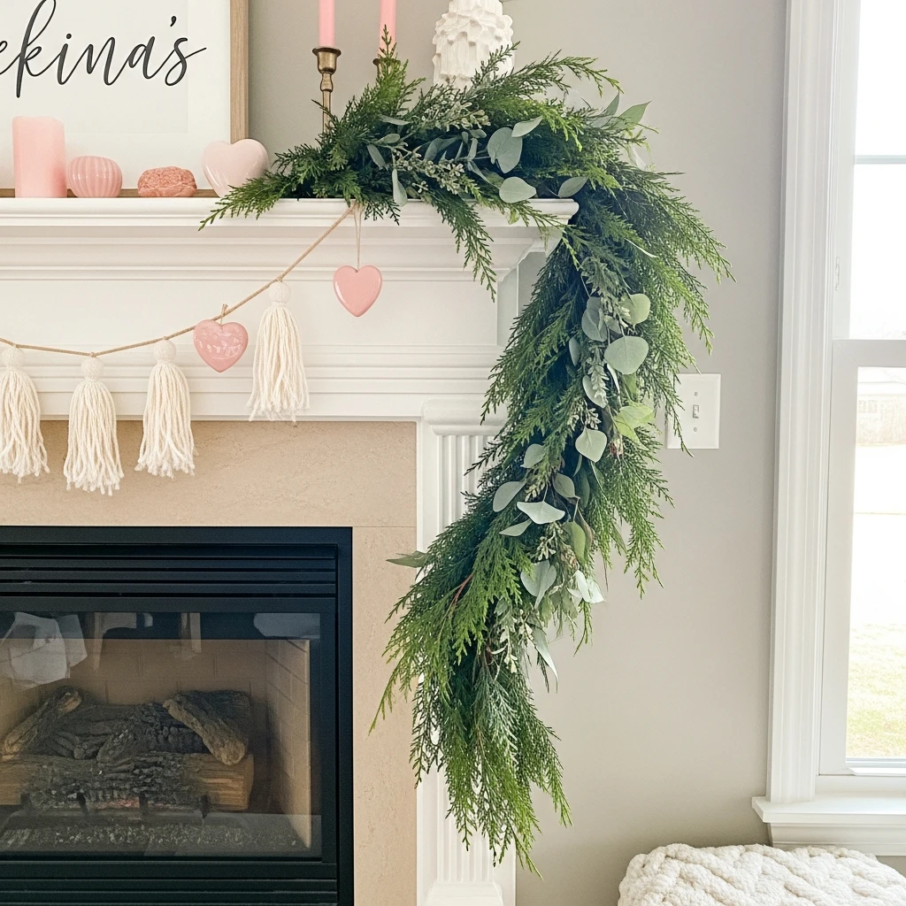 Modern Off-Center Garland - 50 Beautiful and Budget-Friendly Valentine's Mantel Decor Ideas