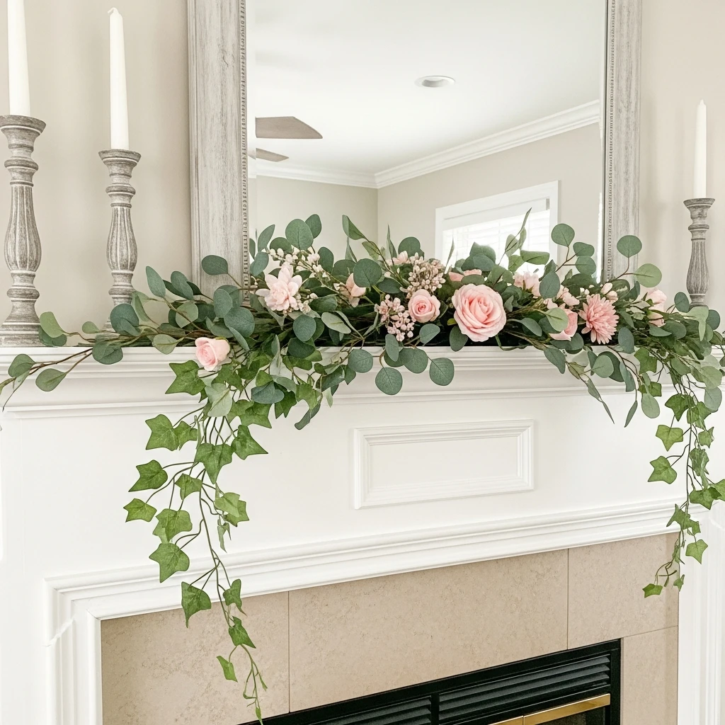Fresh Greenery and Pink - 50 Beautiful and Budget-Friendly Valentine's Mantel Decor Ideas