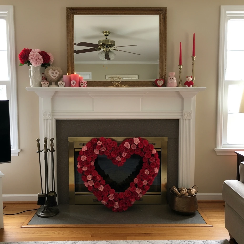 Heart Wreath Centerpiece - 50 Beautiful and Budget-Friendly Valentine's Mantel Decor Ideas