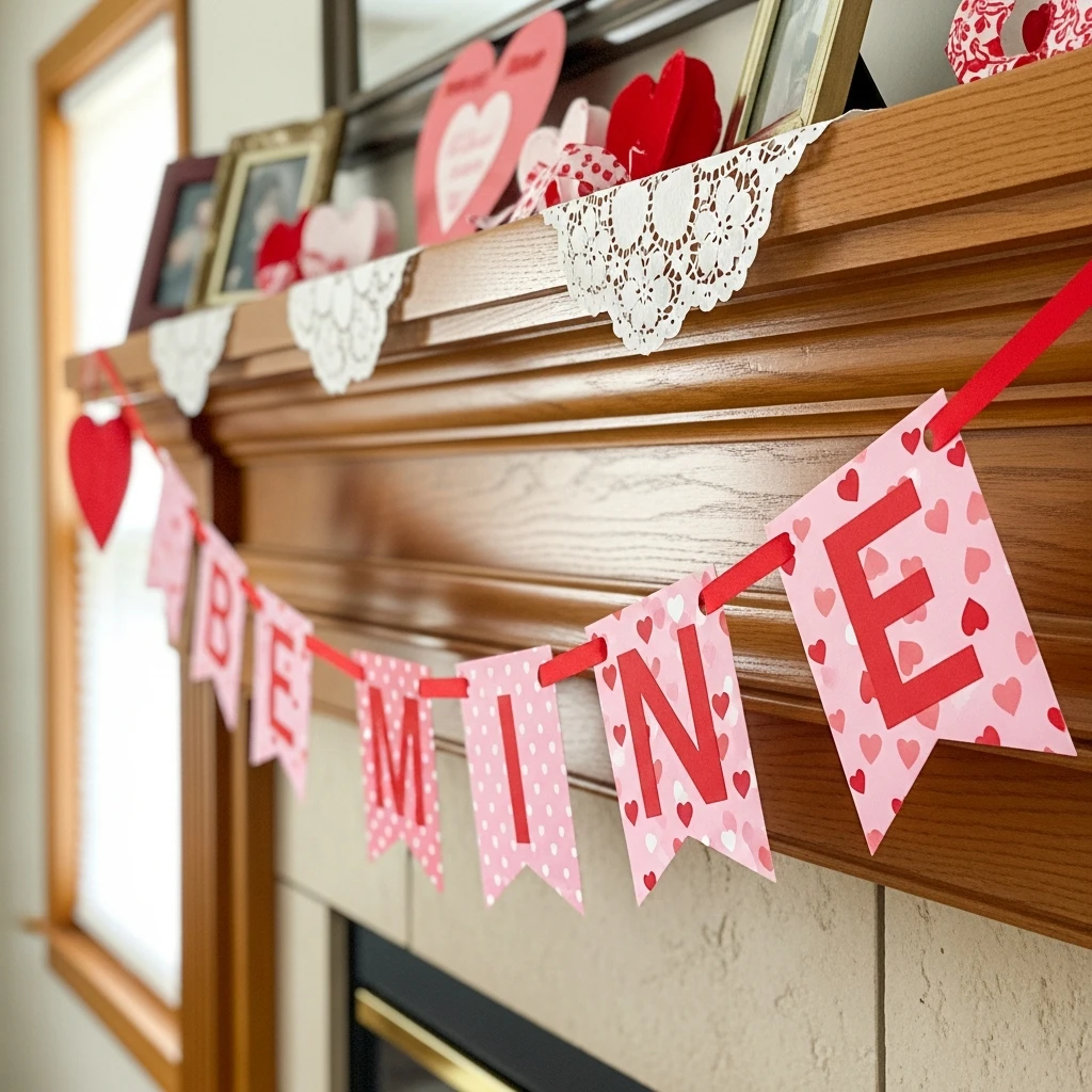 Layered Banner Below - 50 Beautiful and Budget-Friendly Valentine's Mantel Decor Ideas