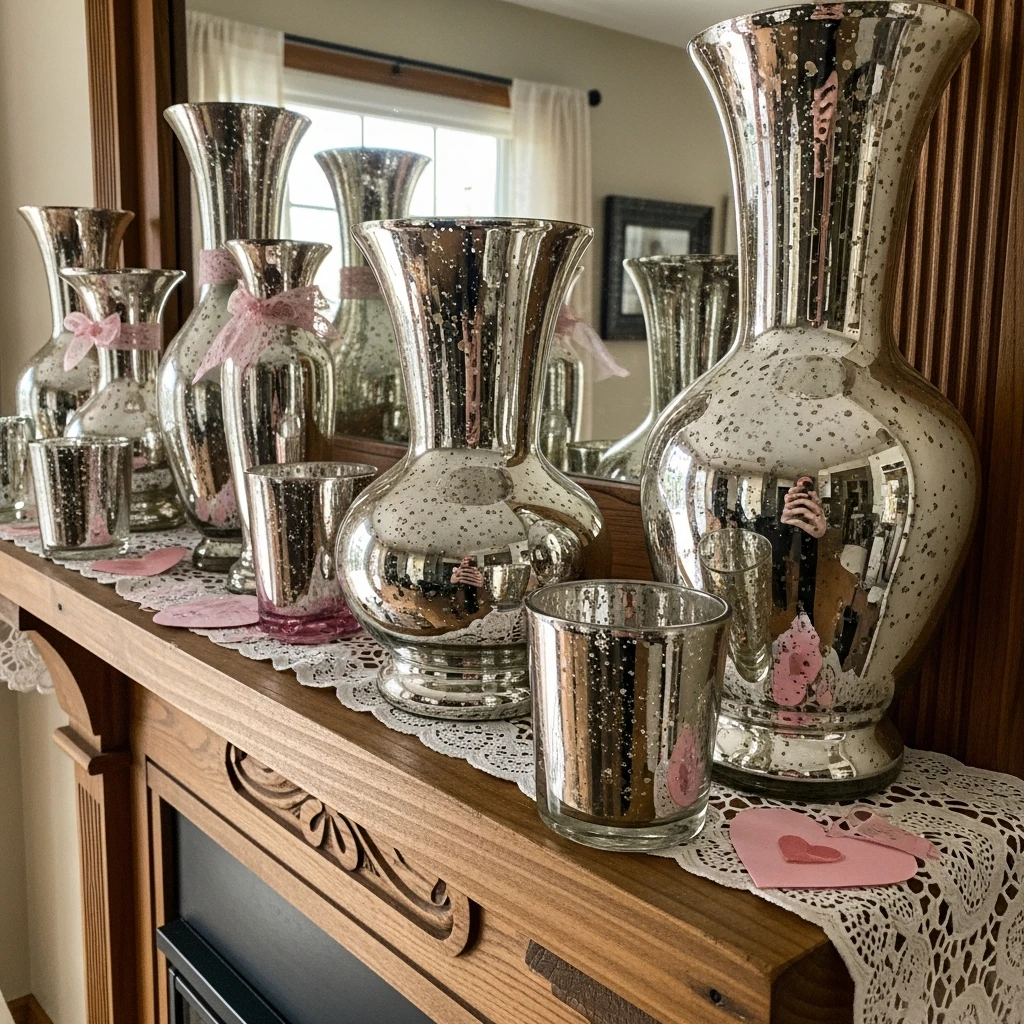 Elegant Mercury Glass - 50 Beautiful and Budget-Friendly Valentine's Mantel Decor Ideas