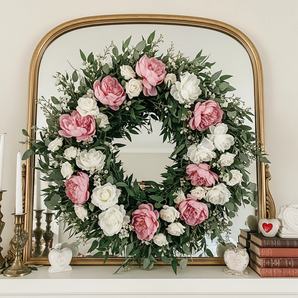 Soft Wreath Layering - 50 Beautiful and Budget-Friendly Valentine's Mantel Decor Ideas