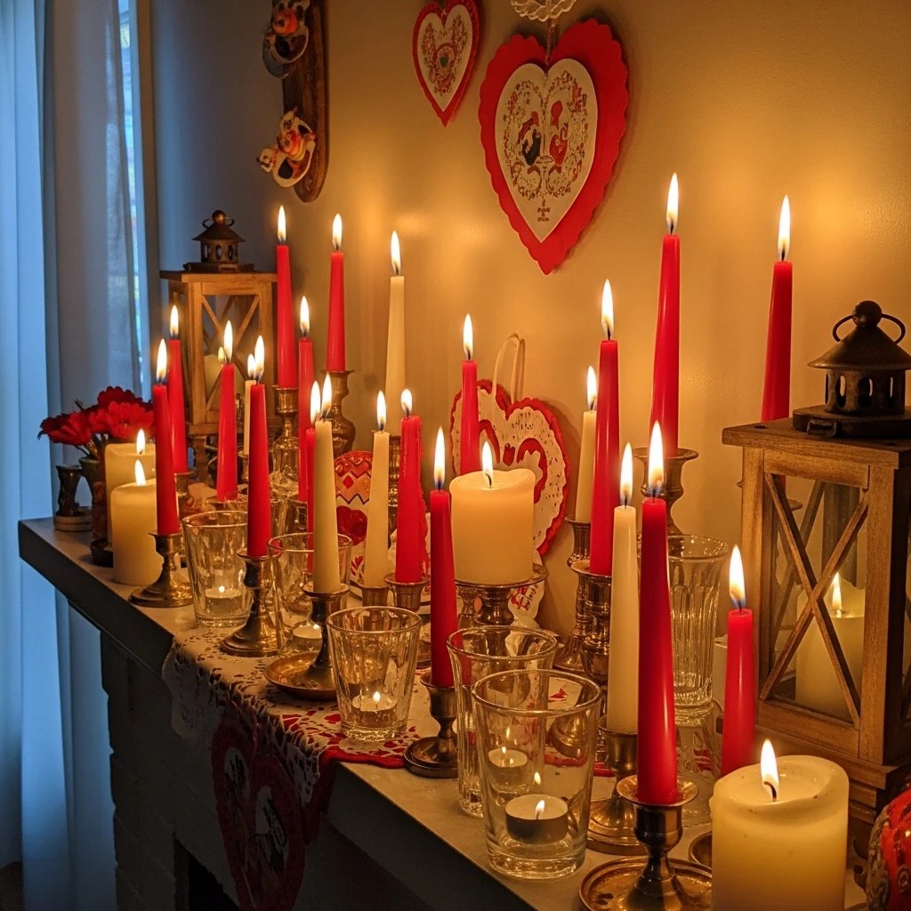 Warm Candle Focus - 50 Beautiful and Budget-Friendly Valentine's Mantel Decor Ideas