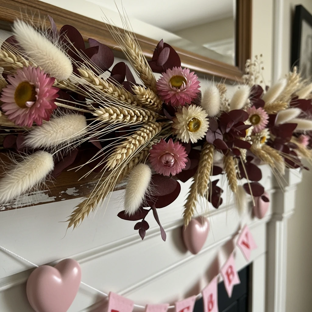 Romantic Dried Garland - 50 Beautiful and Budget-Friendly Valentine's Mantel Decor Ideas