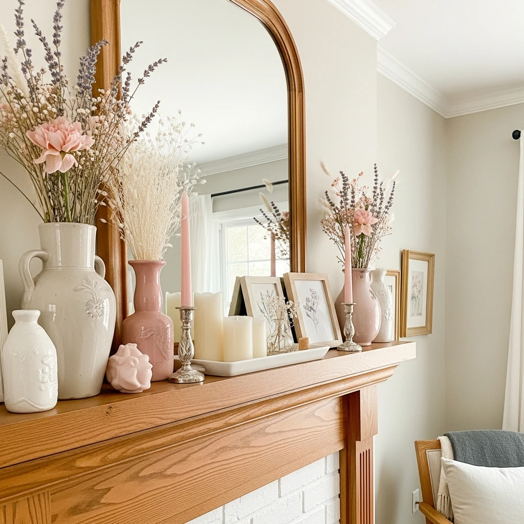 Soft Pastel Display - 50 Beautiful and Budget-Friendly Valentine's Mantel Decor Ideas