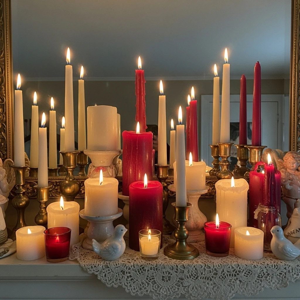 Cozy Mixed Candle Heights - 50 Beautiful and Budget-Friendly Valentine's Mantel Decor Ideas