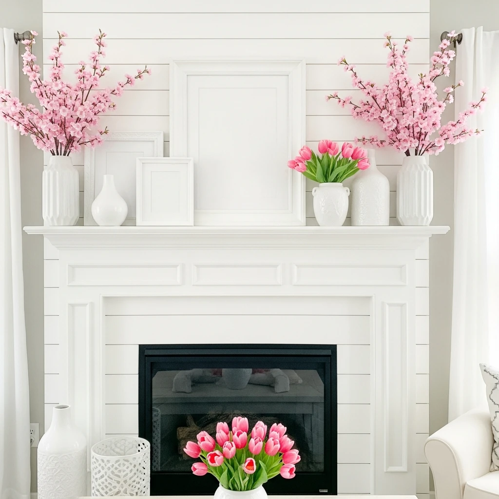 Bright White and Pink - 50 Beautiful and Budget-Friendly Valentine's Mantel Decor Ideas