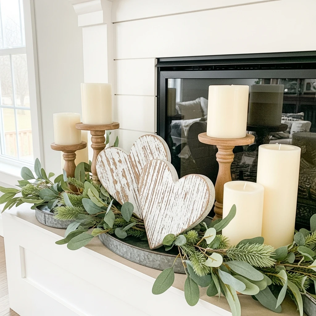 Warm Wooden Hearts - 50 Beautiful and Budget-Friendly Valentine's Mantel Decor Ideas