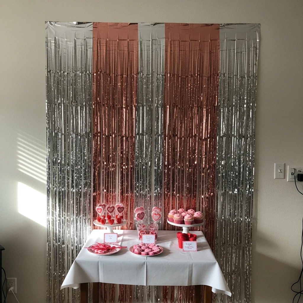 Metallic Fringe Backdrop - 50 Simple & Budget-Friendly Valentines Party Decor Ideas