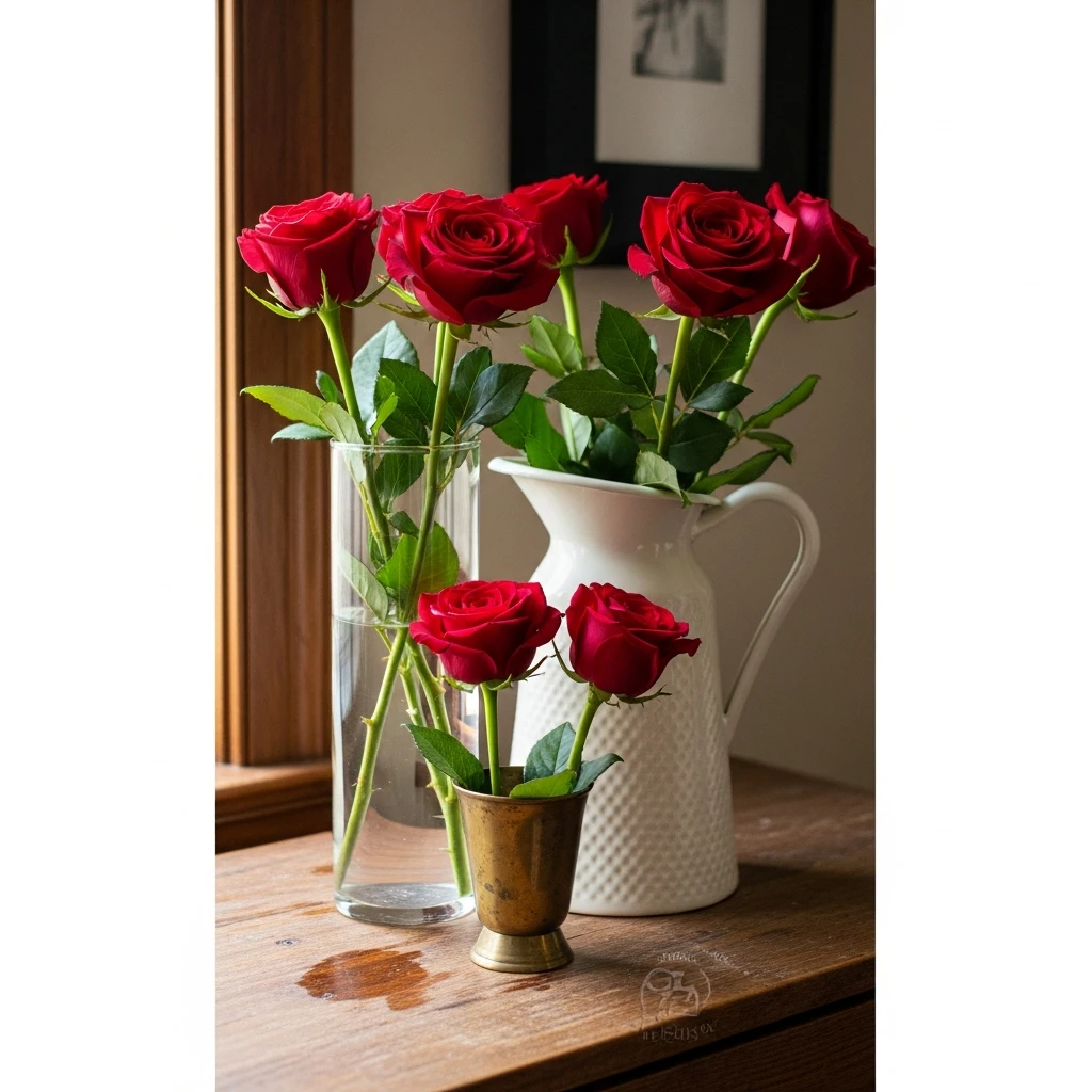 Roses In Mixed Vases - 50 Simple & Budget-Friendly Valentines Party Decor Ideas