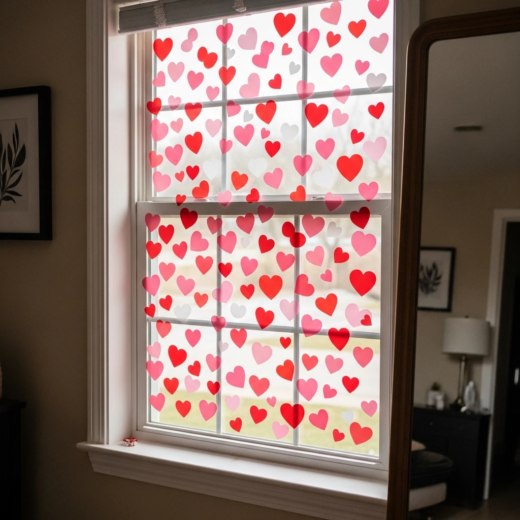 Window Heart Clings - 50 Simple & Budget-Friendly Valentines Party Decor Ideas