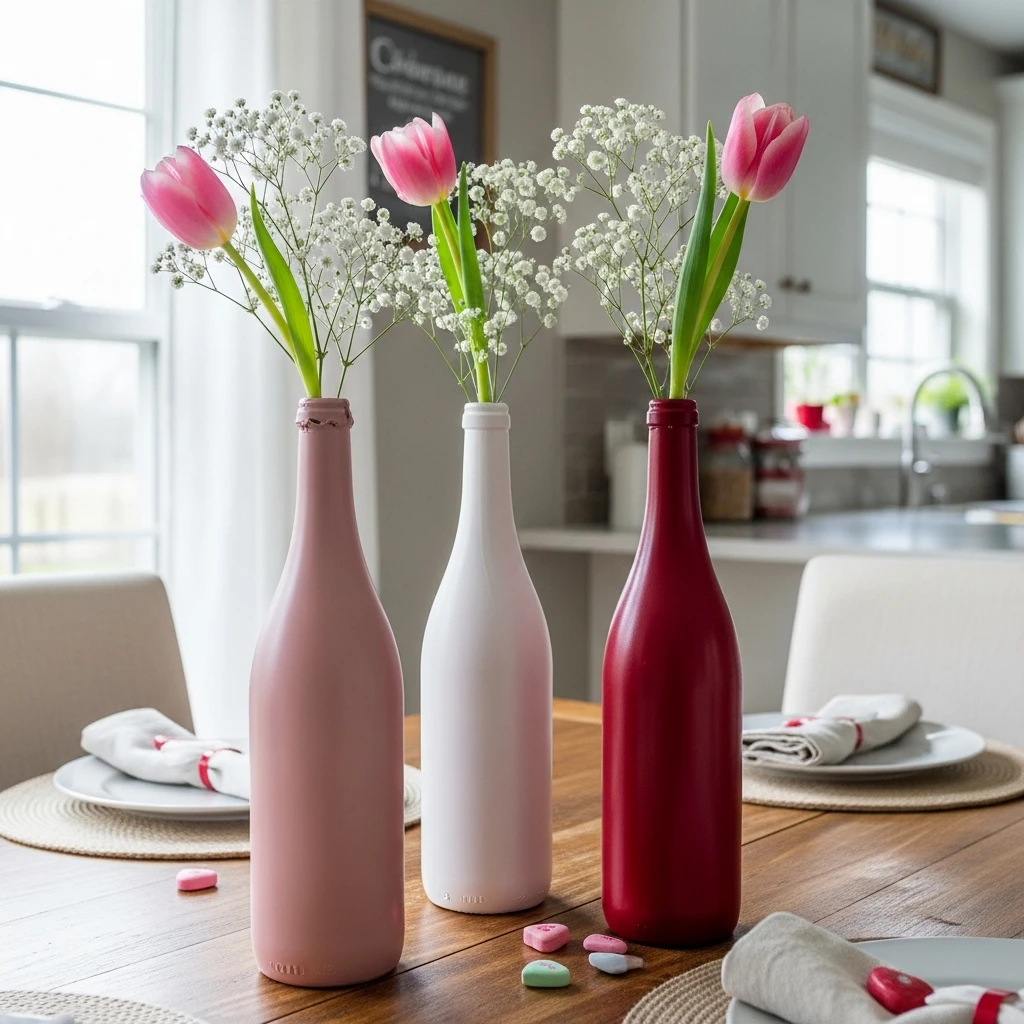 Painted Wine Bottle Vases - 50 Simple & Budget-Friendly Valentines Party Decor Ideas