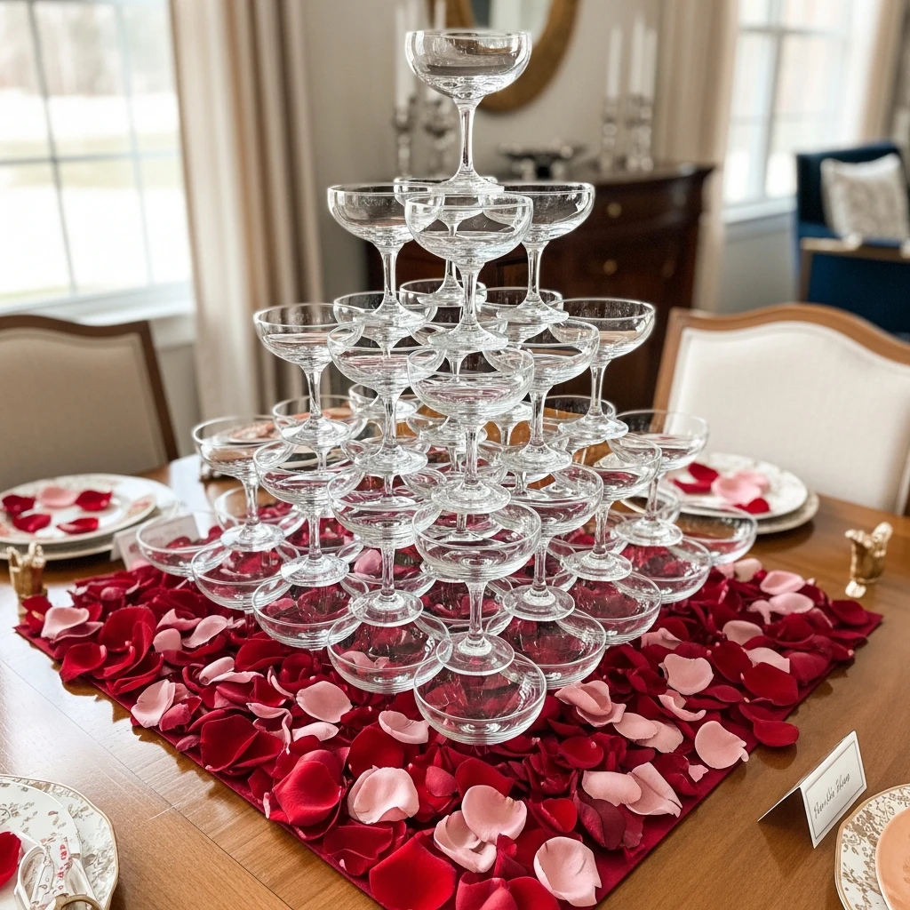 Champagne Tower Display - 50 Simple & Budget-Friendly Valentines Party Decor Ideas