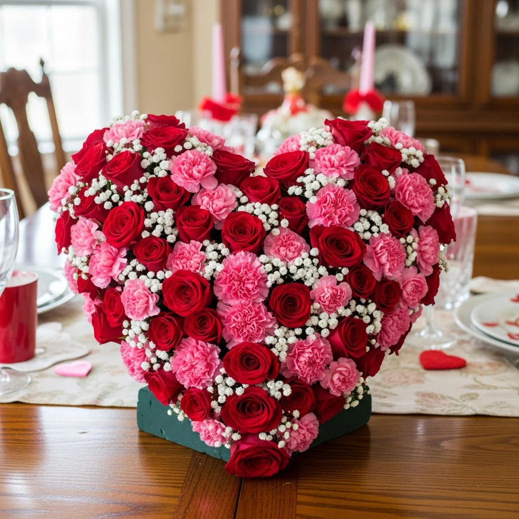 Heart Floral Centerpiece - 50 Simple & Budget-Friendly Valentines Party Decor Ideas
