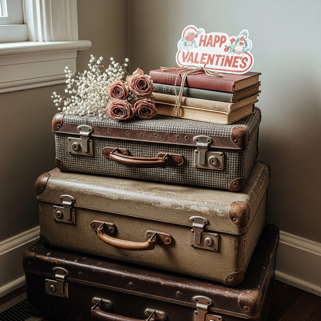 Vintage Suitcase Displays - 50 Vintage Valentine Decorations That Look Beautiful and Budget-Friendly