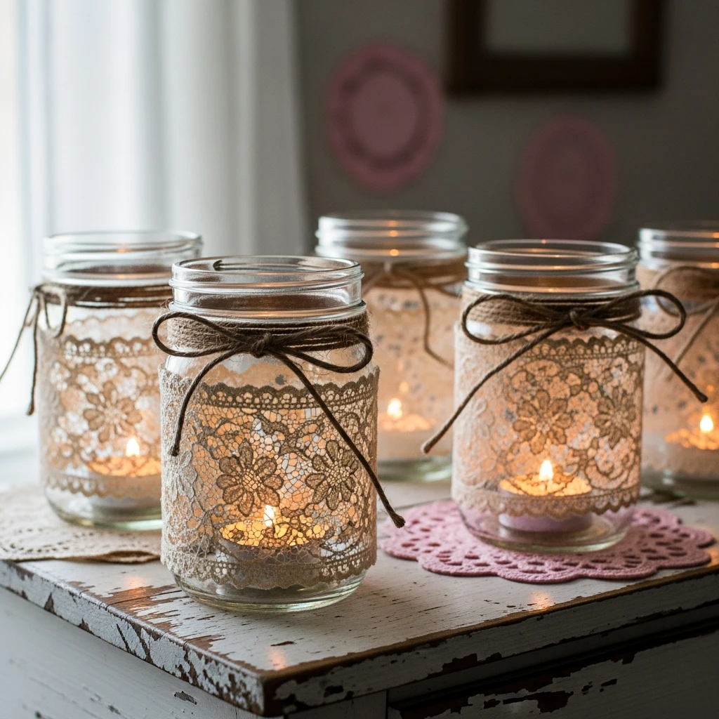 Lace-Wrapped Mason Jars - 50 Vintage Valentine Decorations That Look Beautiful and Budget-Friendly