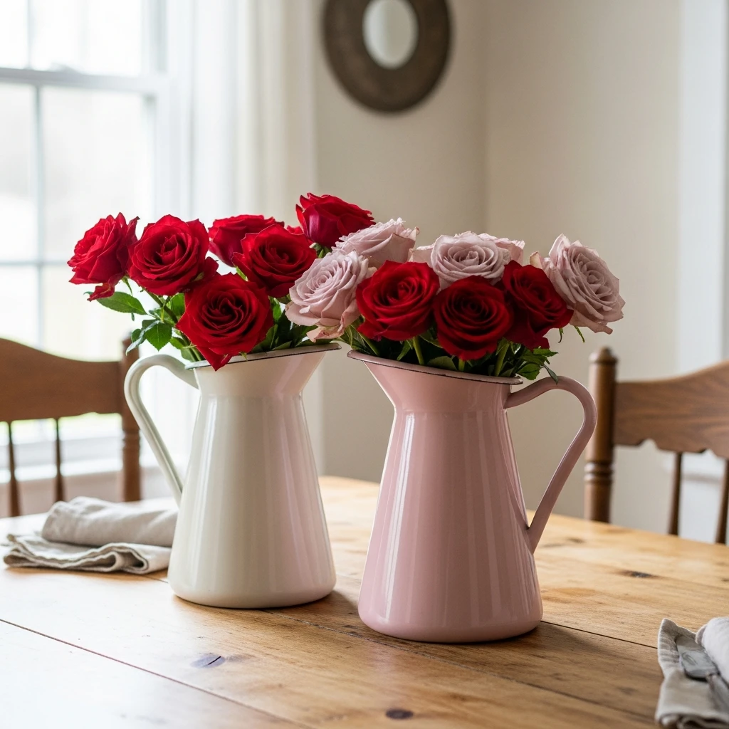 Enamel Pitchers With Roses - 50 Vintage Valentine Decorations That Look Beautiful and Budget-Friendly
