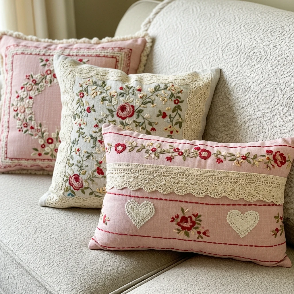 Embroidered Valentine Pillows - 50 Vintage Valentine Decorations That Look Beautiful and Budget-Friendly
