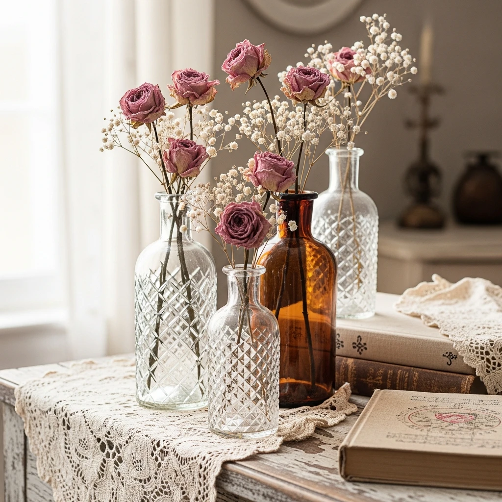Bottles With Dried Roses - 50 Vintage Valentine Decorations That Look Beautiful and Budget-Friendly