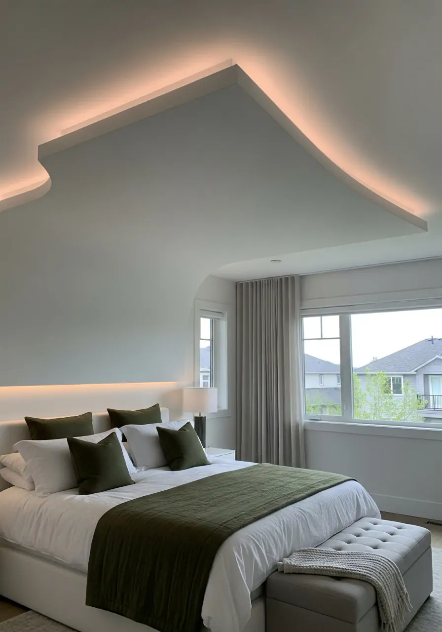 Off-Center Curved Drop - 50 Best Down Ceiling Design Bedrooms Ideas