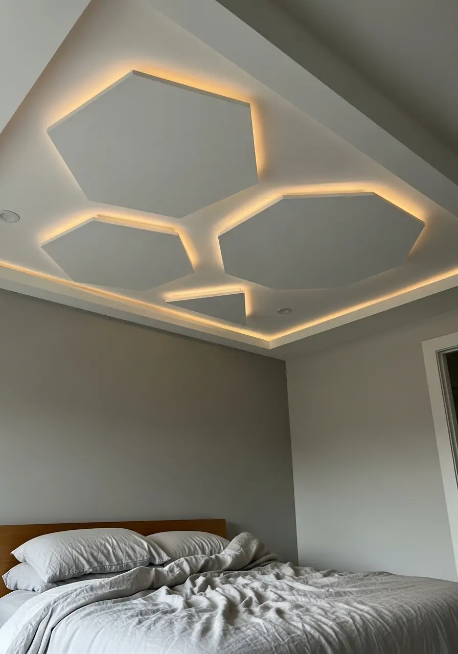 Geometric Backlit Drop - 50 Best Down Ceiling Design Bedrooms Ideas
