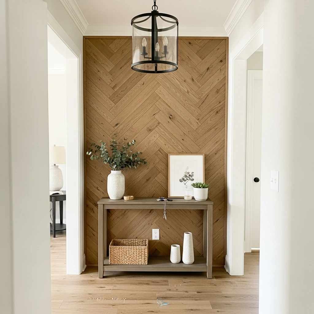 Wood Herringbone Pattern - 50 Beautiful & Budget-Friendly Entryway Accent Wall Ideas for a Fresh Look