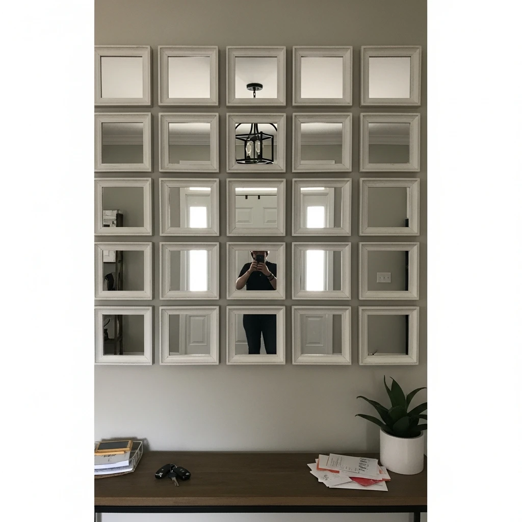 Chic Mirror Grid Wall - 50 Beautiful & Budget-Friendly Entryway Accent Wall Ideas for a Fresh Look