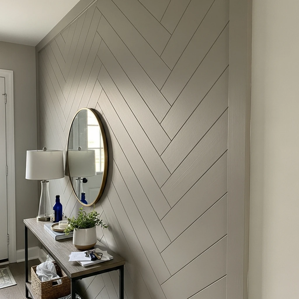 Modern Taupe Herringbone Shiplap - 50 Beautiful & Budget-Friendly Entryway Accent Wall Ideas for a Fresh Look