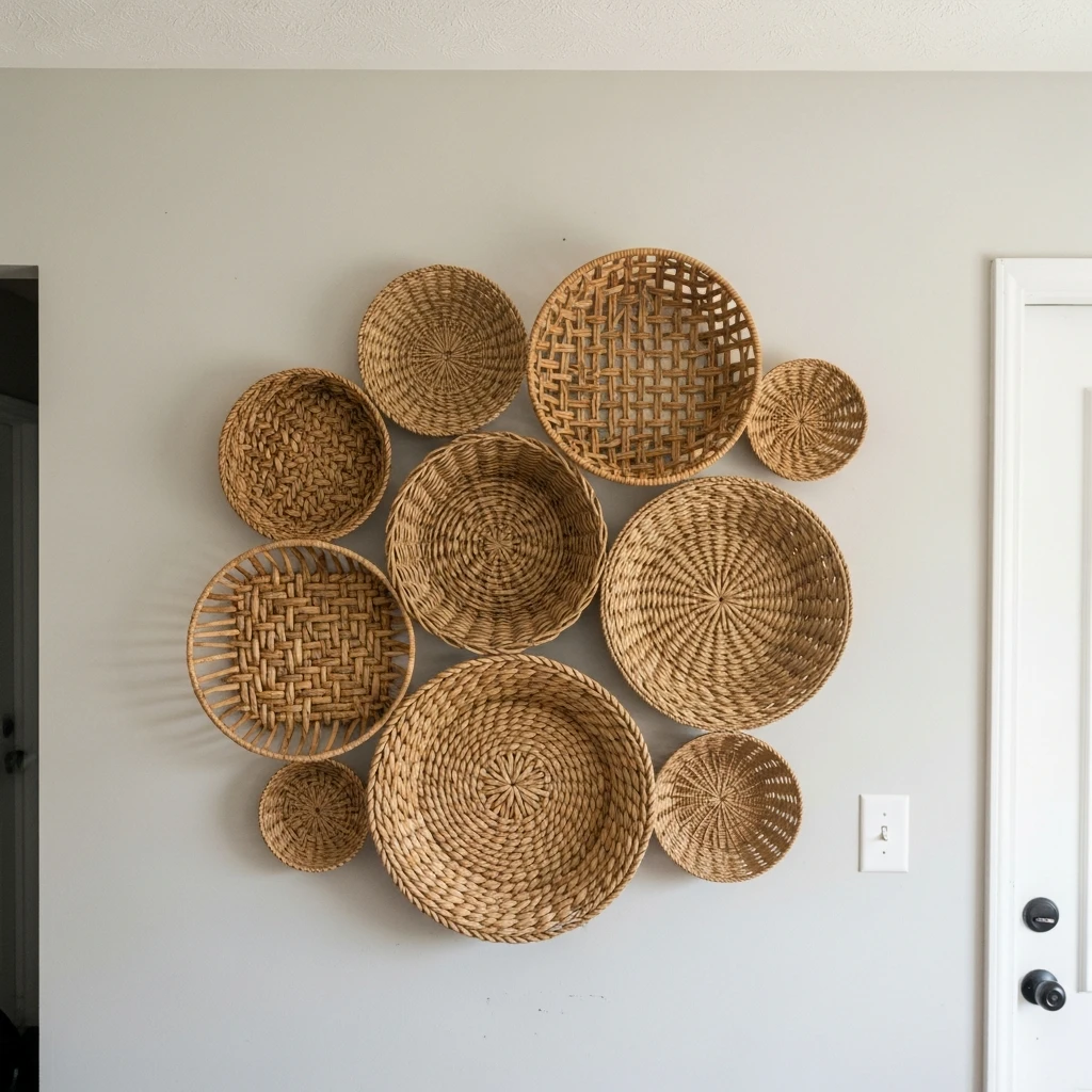 Woven Basket Wall Display - 50 Beautiful & Budget-Friendly Entryway Accent Wall Ideas for a Fresh Look