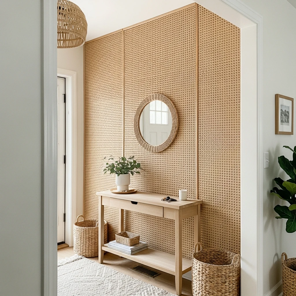 Natural Rattan Panel Accent - 50 Beautiful & Budget-Friendly Entryway Accent Wall Ideas for a Fresh Look