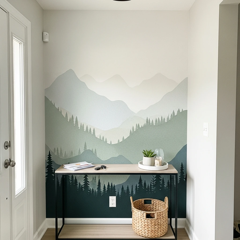 Calming Nature Mural - 50 Beautiful & Budget-Friendly Entryway Accent Wall Ideas for a Fresh Look