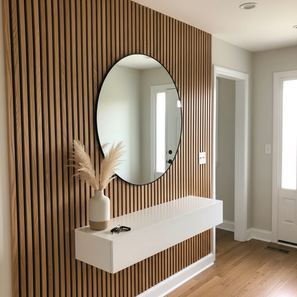 Warm Wood Slat Wall - 50 Beautiful & Budget-Friendly Entryway Accent Wall Ideas for a Fresh Look