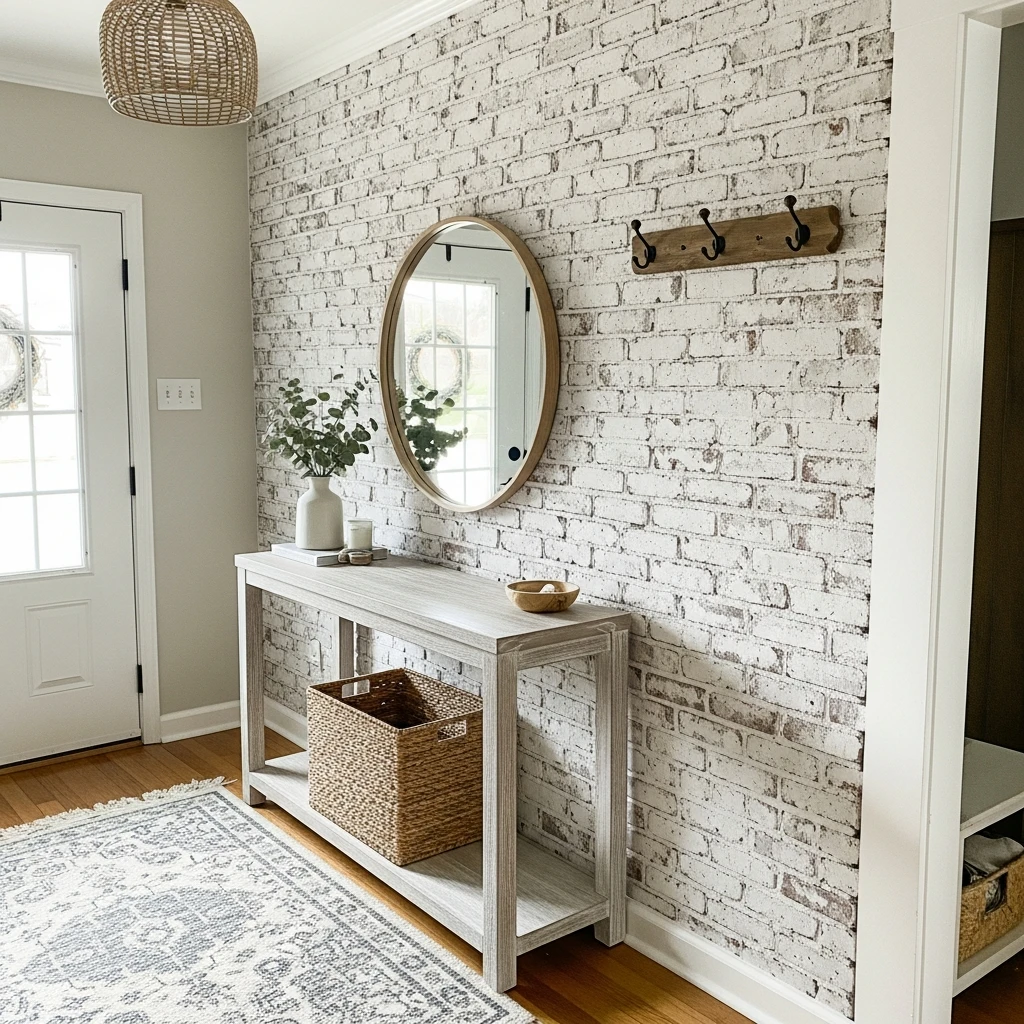 Whitewashed Brick Accent - 50 Beautiful & Budget-Friendly Entryway Accent Wall Ideas for a Fresh Look