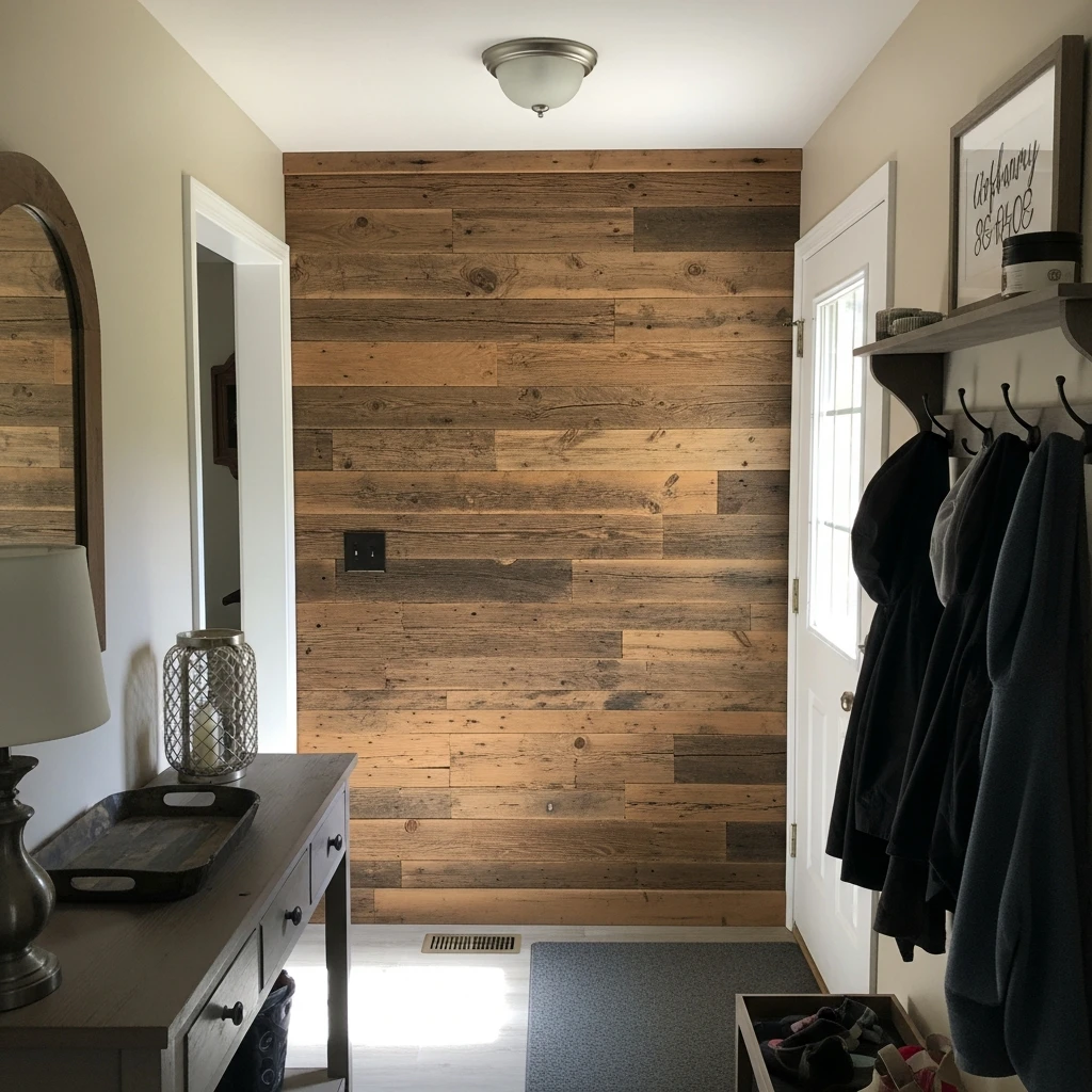 Rustic Reclaimed Wood - 50 Beautiful & Budget-Friendly Entryway Accent Wall Ideas for a Fresh Look