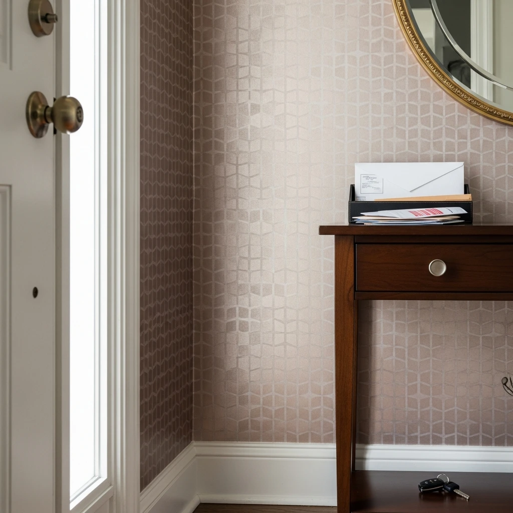 Metallic Wallpaper Accent - 50 Beautiful & Budget-Friendly Entryway Accent Wall Ideas for a Fresh Look