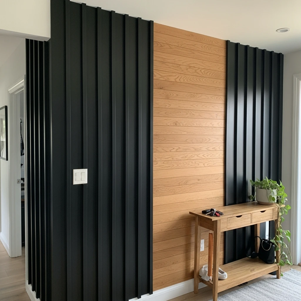 Mixed Wood and Black - 50 Beautiful & Budget-Friendly Entryway Accent Wall Ideas for a Fresh Look
