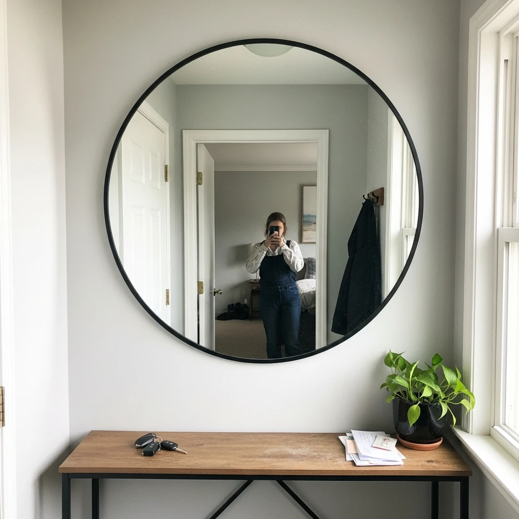 Oversized Round Mirror Wall - 50 Beautiful & Budget-Friendly Entryway Accent Wall Ideas for a Fresh Look