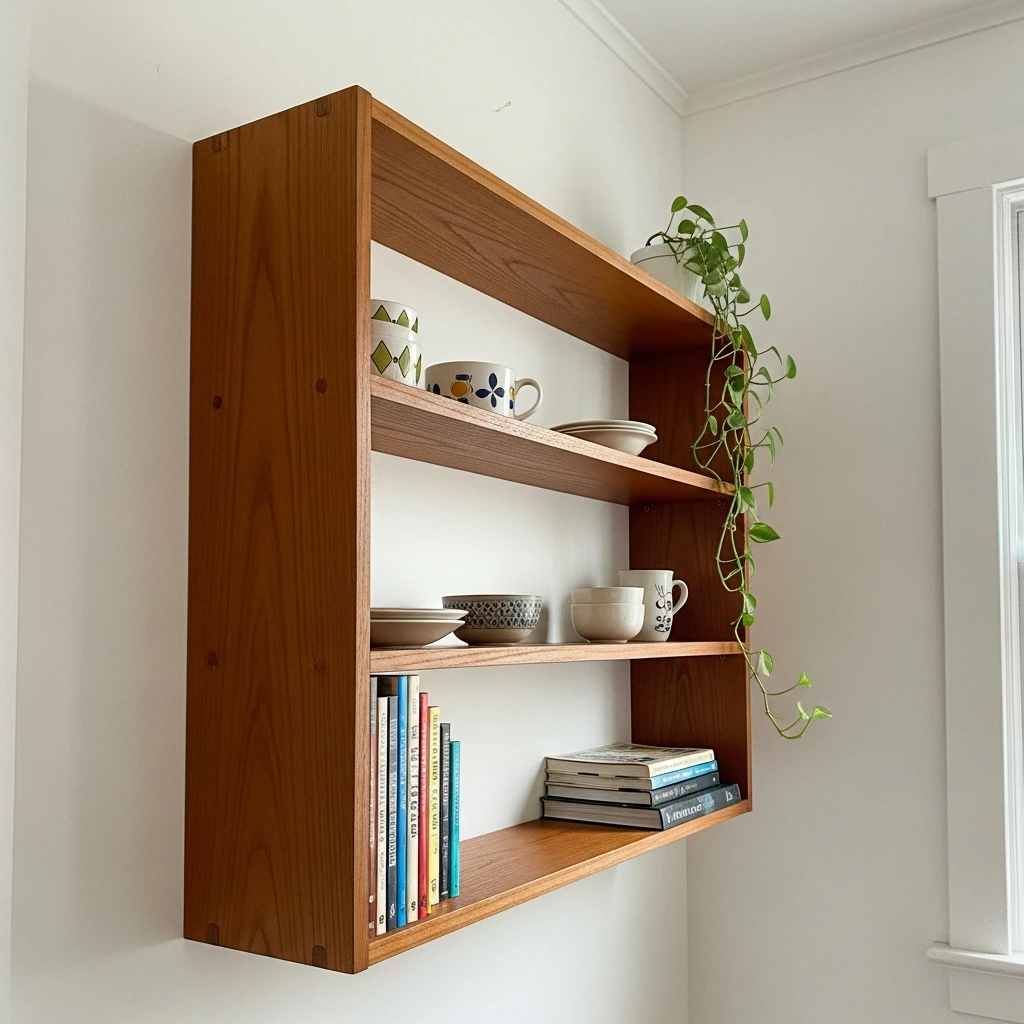 Floating Shelves in Teak - 50 Budget-Friendly Mid Century Modern Apartment Decor Ideas