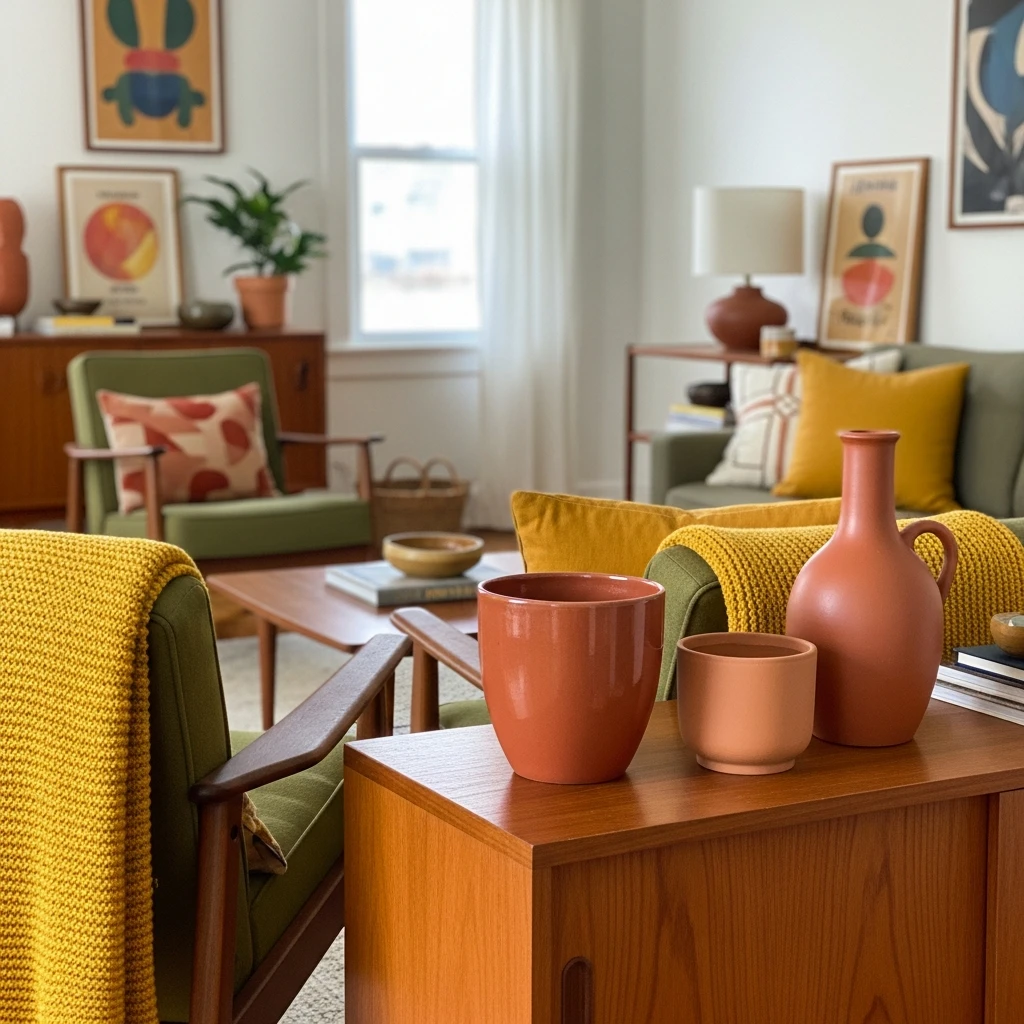Terracotta and Mustard Palette - 50 Budget-Friendly Mid Century Modern Apartment Decor Ideas