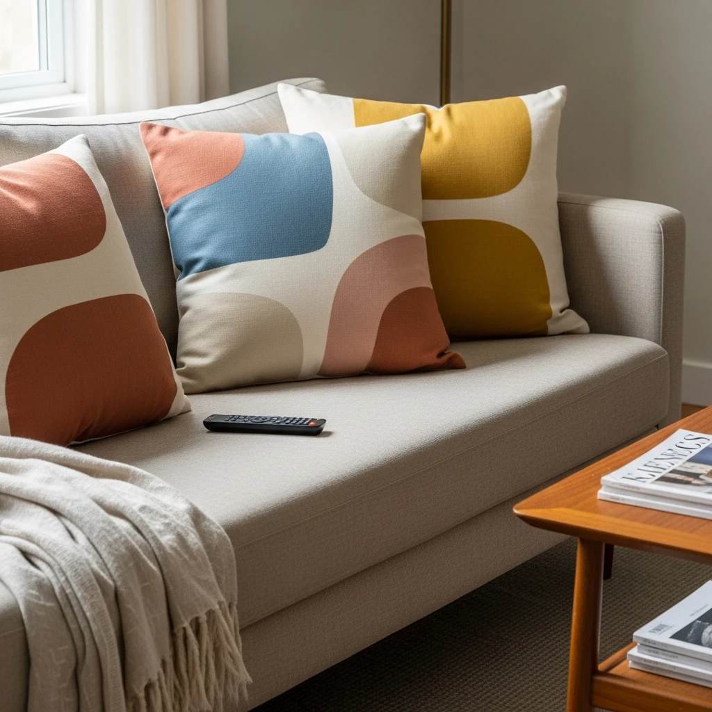 Abstract Throw Pillows - 50 Budget-Friendly Mid Century Modern Apartment Decor Ideas