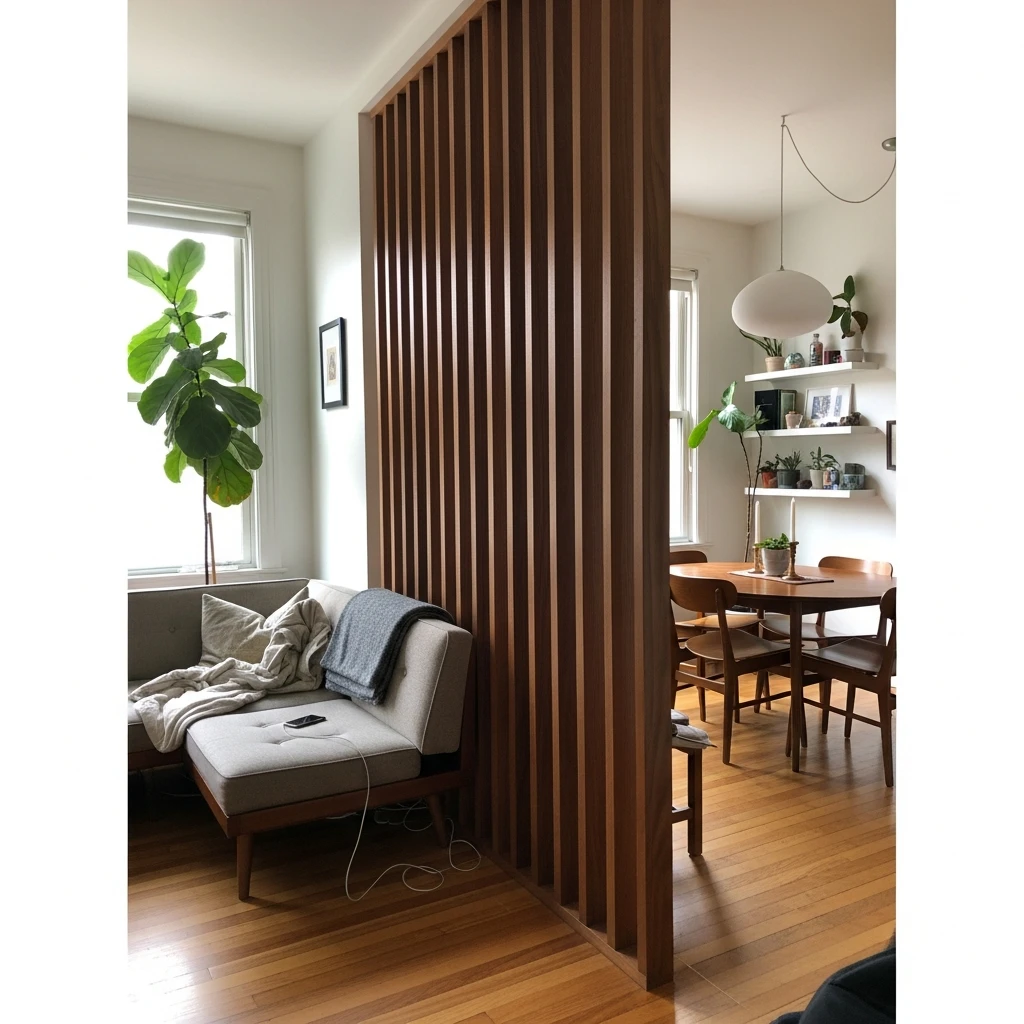 Wood Slat Room Divider - 50 Budget-Friendly Mid Century Modern Apartment Decor Ideas