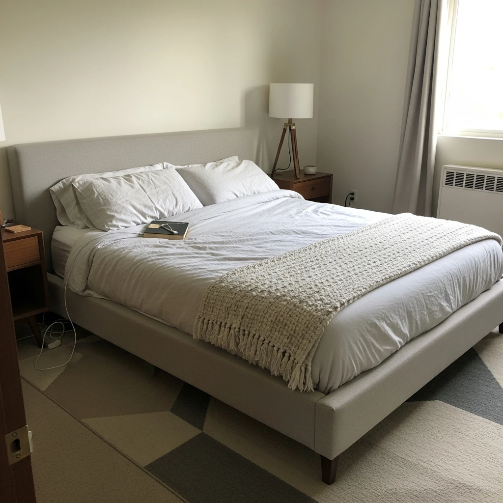 Neutral Upholstered Bed - 50 Budget-Friendly Mid Century Modern Apartment Decor Ideas