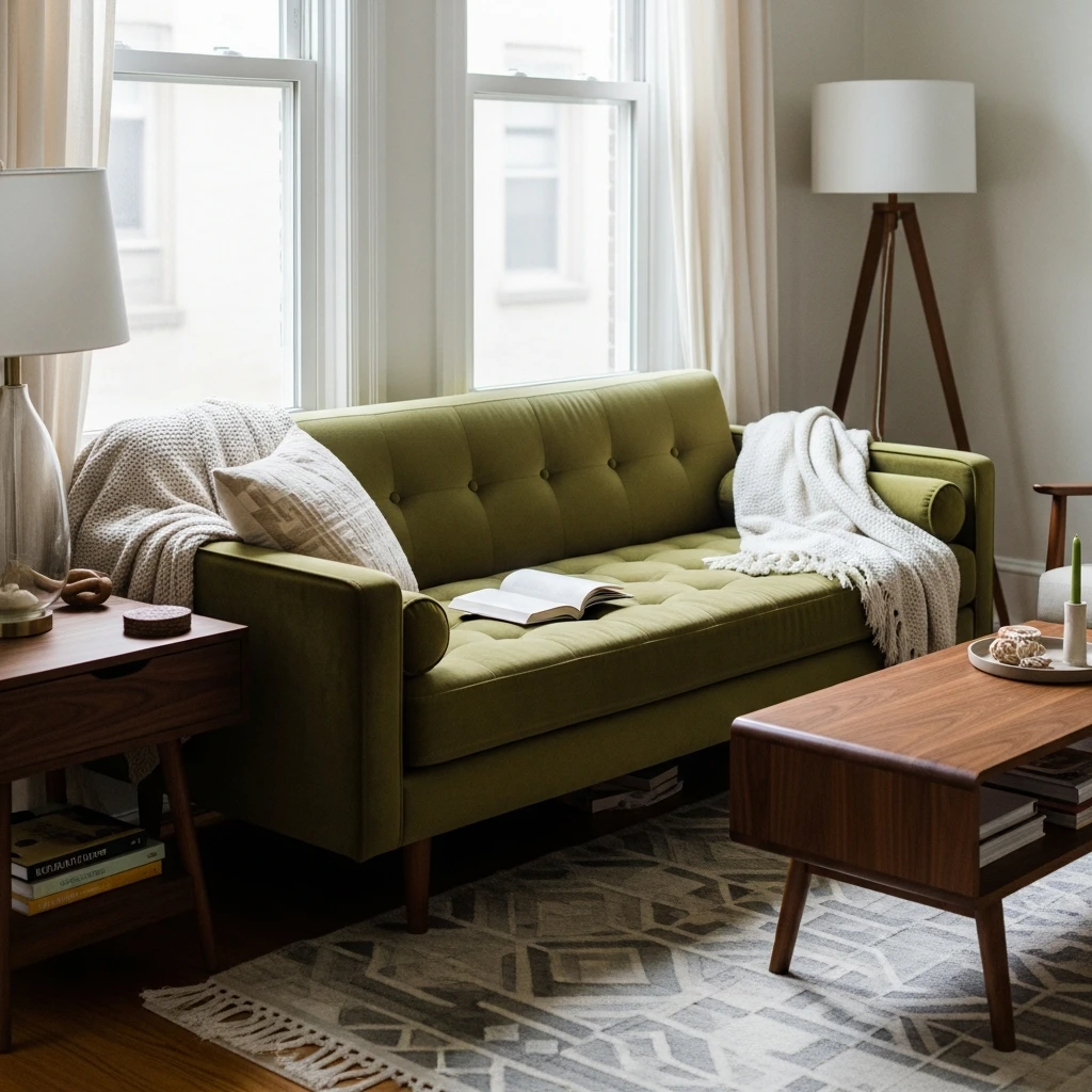 Olive Green Velvet Sofa - 50 Budget-Friendly Mid Century Modern Apartment Decor Ideas