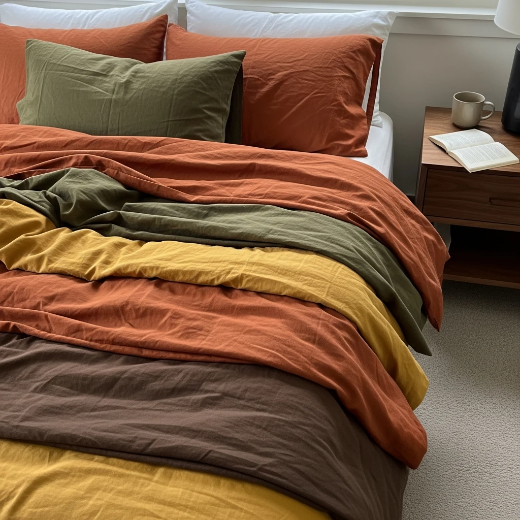 Earth-Tone Bedding - 50 Budget-Friendly Mid Century Modern Apartment Decor Ideas
