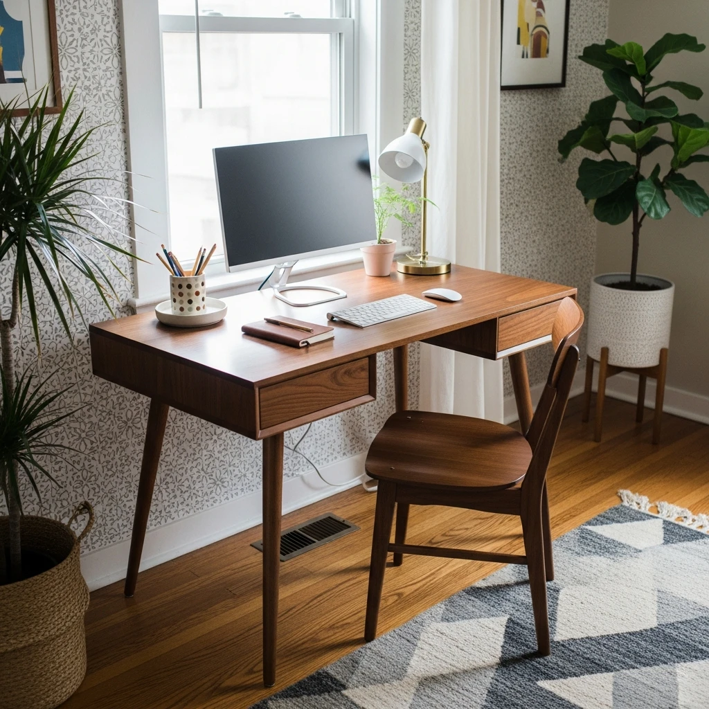 Mid-Century Desk Setup - 50 Budget-Friendly Mid Century Modern Apartment Decor Ideas